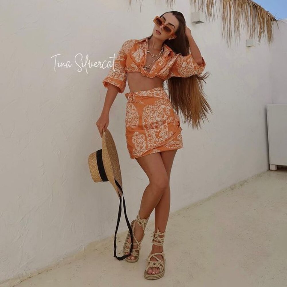 BLOGGER'S FAVE! Zara 2 Piece Printed Mini Skirt And Top Set Burnt Orange NWT - Picture 14 of 16